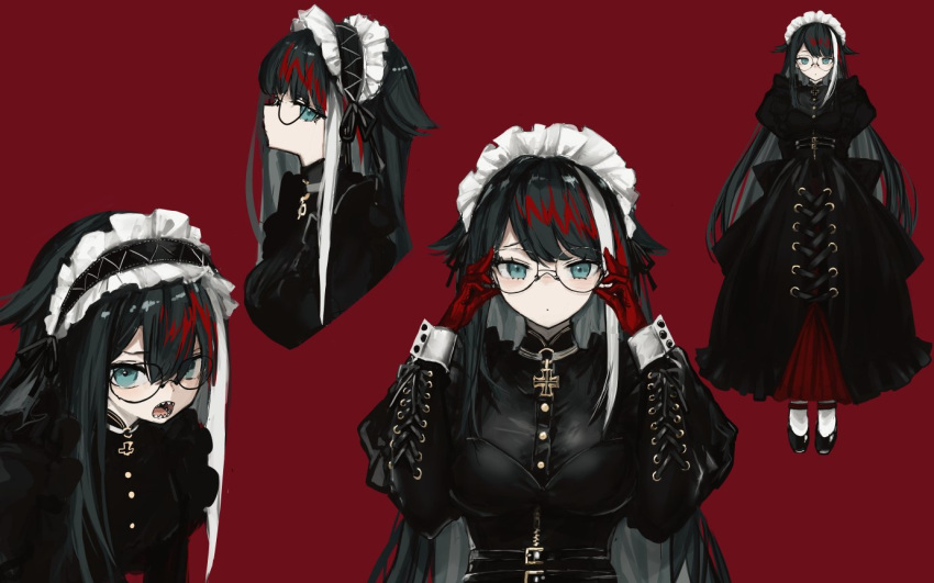 1girl azur_lane black_dress black_hair blue_eyes deutschland_(azur_lane) dress fangs frilled_dress frills glasses gloves gothic gothic_lolita hairband iron_cross lolita_fashion lolita_hairband multicolored_hair naruwe red_gloves redhead streaked_hair white_hair