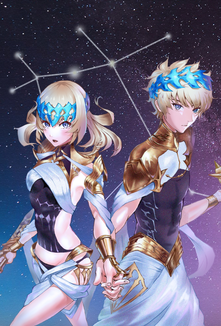1boy 1girl armlet artist_request backless_outfit black_shirt blonde_hair blue_eyes blush bracer breasts brother_and_sister castor_(fate/grand_order) closed_mouth collar constellation diadem fate/grand_order fate_(series) highres holding_hands interlocked_fingers looking_at_viewer medium_hair metal_collar open_mouth pauldrons pollux_(fate/grand_order) shirt short_hair siblings small_breasts star_(sky) twins white_robe