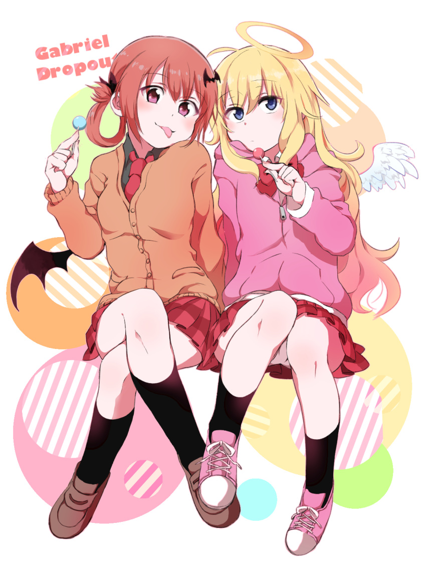 2girls :3 :p angel angel_wings bangs bat_hair_ornament blonde_hair blue_eyes bow bowtie brown_cardigan brown_footwear candy copyright_name crossed_legs demon_wings food gabriel_dropout hair_ornament hair_ribbon hair_rings halo hana_(h6n6_matsu) highres hood hood_down hooded_jacket jacket knees_together_feet_apart kurumizawa_satanichia_mcdowell loafers lollipop long_hair looking_at_viewer multiple_girls necktie pink_footwear pink_jacket plaid plaid_skirt red_eyes red_neckwear red_skirt redhead ribbon shoes sitting skirt sneakers socks tenma_gabriel_white tongue tongue_out track_jacket wings