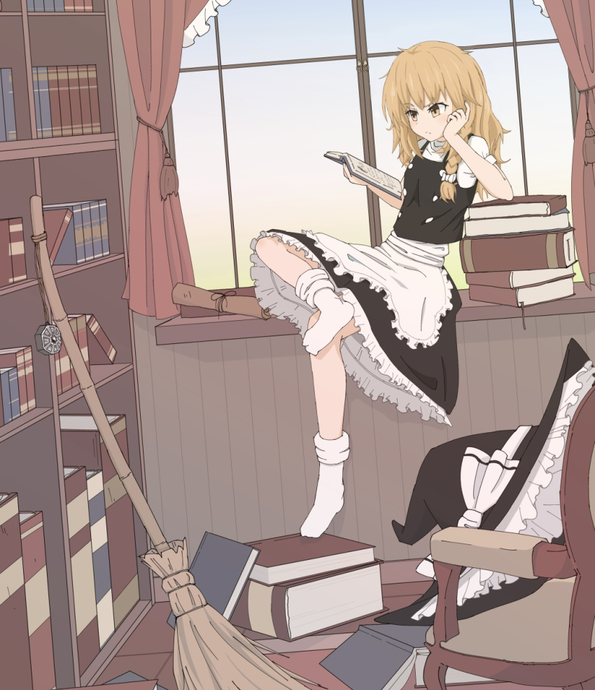 1girl apron black_skirt black_vest blonde_hair book book_stack bookshelf braid broom chair crossed_legs curtains dutch_angle elbow_rest frown hat hat_removed head_in_hand headwear_removed highres indoors kirisame_marisa long_hair midori_08 mini-hakkero no_shoes open_book petticoat puffy_short_sleeves puffy_sleeves reading rug scroll shirt short_sleeves single_braid sitting skirt socks solo touhou vest waist_apron white_legwear white_shirt window windowsill witch_hat wooden_floor yellow_eyes
