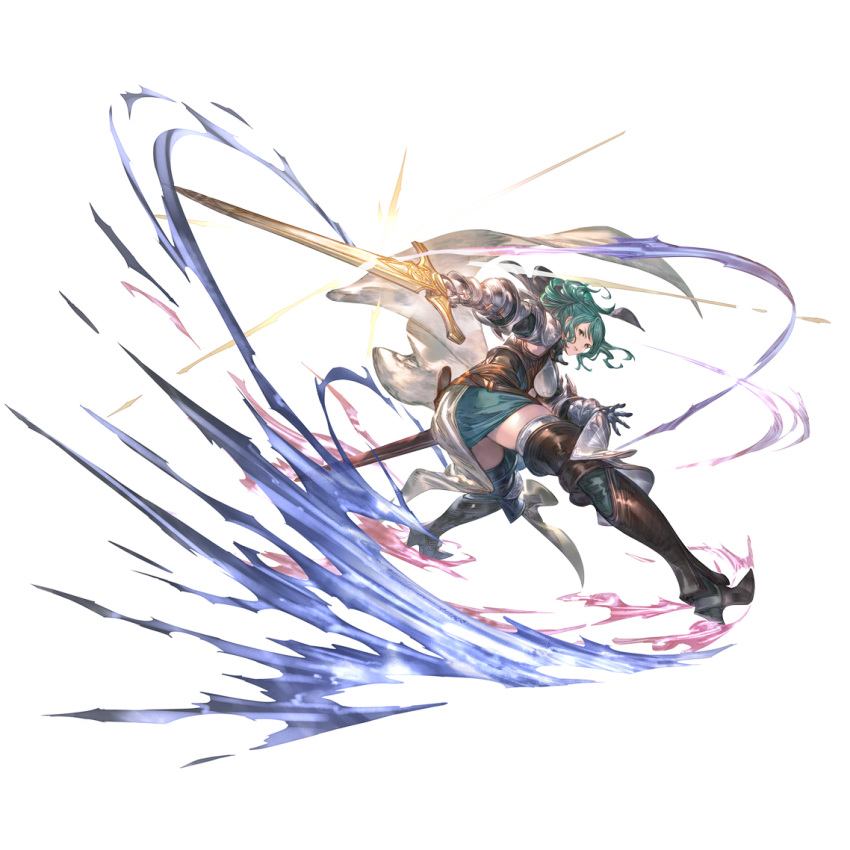 armor armored_boots belt boots breasts brown_eyes granblue_fantasy green_hair herja long_hair looking_at_viewer ponytail sword thigh-highs transparent_background weapon zettai_ryouiki