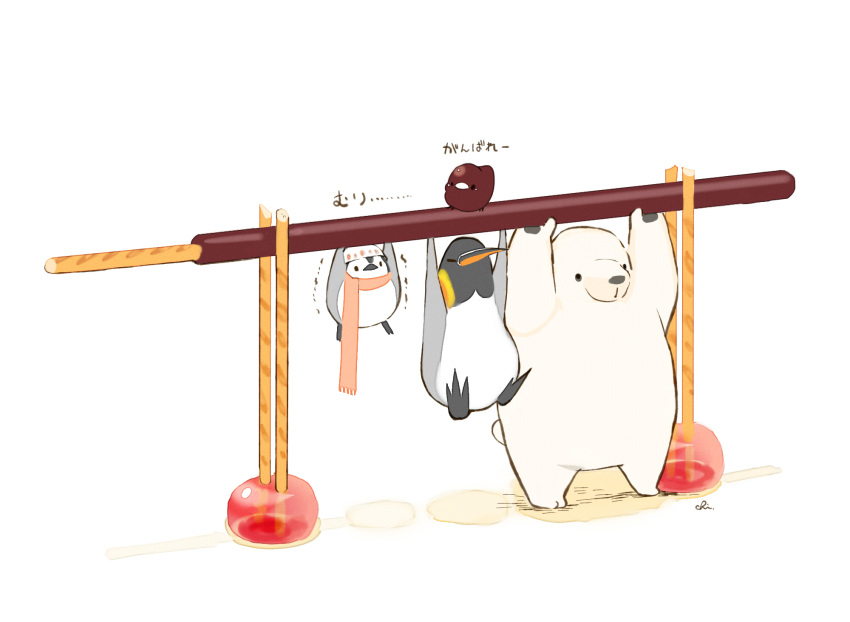 4others artist_name bear bird chai commentary_request food hat highres holding holding_food multiple_others no_humans original penguin pocky pullups scarf simple_background sitting_on_food standing translation_request trembling white_background