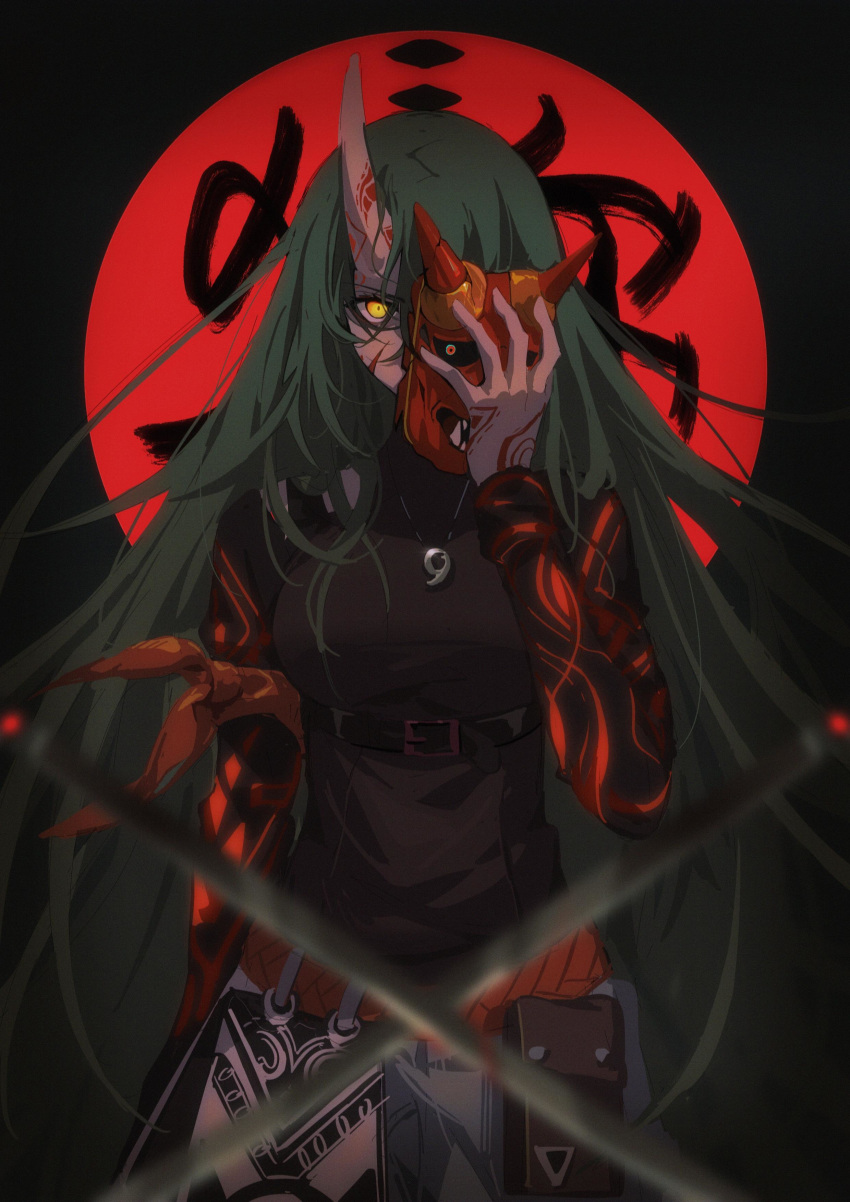 1girl absurdres alternate_costume angry arknights arm_at_side bare_shoulders belt black_background blood blurry breasts chinese_commentary circle commentary_request covered_mouth cowboy_shot cuts depth_of_field glowing glowing_eyes green_hair highres holding holding_mask horn horns hoshiguma_(arknights) injury jewelry kagura_tohru large_breasts long_hair long_sleeves looking_at_viewer magatama magatama_necklace mask mask_removed messy_hair necklace one_eye_covered oni_horns oni_mask pendant pouch red_sun simple_background solo tattoo torn_clothes yellow_eyes