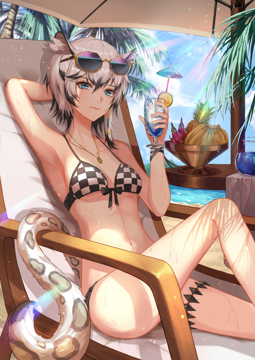 1girl absurdres animal_ear_fluff animal_ears arknights arm_behind_head arm_up armpits banana bangs bare_arms bare_legs bare_shoulders beach_umbrella bikini black_hair blue_sky breasts chair checkered checkered_bikini cliffheart_(arknights) commentary cup day drinking_glass drinking_straw eyewear_on_head feet_out_of_frame food fruit grey_eyes hair_between_eyes hand_up highres holding holding_cup huge_filesize ihan jewelry knee_up leopard_ears leopard_tail looking_at_viewer medium_breasts multicolored_hair navel no_hat no_headwear palm_tree pendant pineapple short_hair silver_hair sitting sky smile solo stomach streaked_hair sunglasses swimsuit tail thighs tree umbrella