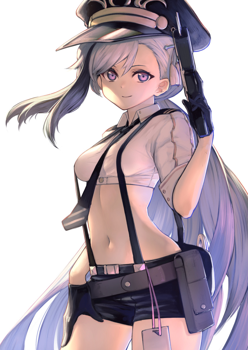 1girl absurdres azur_lane belt belt_pouch black_gloves black_headwear black_shorts breasts collared_shirt commentary_request cowboy_shot crop_top gloves hair_ornament hand_on_own_thigh hand_up hat highres holding huge_filesize itaco1987 long_hair looking_at_viewer low_ponytail medium_breasts midriff minsk_(azur_lane) minsk_(thunderous_jailor)_(azur_lane) multicolored_hair navel necktie peaked_cap pouch shirt short_shorts short_sleeves shorts silver_hair simple_background smile solo stomach suspenders taser tassel two-tone_hair very_long_hair violet_eyes white_background white_shirt