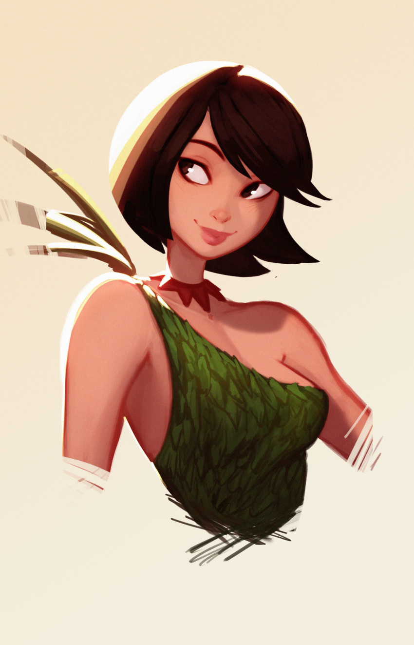 absurdres ashi_(samurai_jack) bangs black_hair bob_cut breasts brown_eyes carlos_eduardo collarbone dress green_dress highres large_breasts leaf leaf_clothing lipstick looking_back makeup parted_bangs samurai_jack short_hair simple_background single_strap sleeveless tan_background upper_body