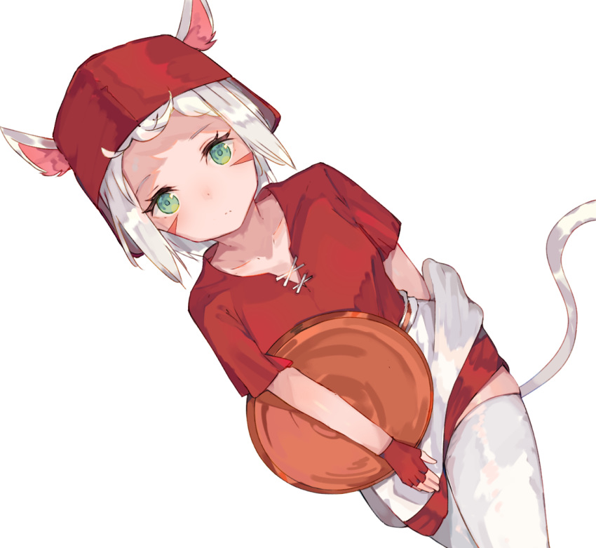 1girl animal_ears apron arm_behind_back blush cat_ears cat_girl cat_tail closed_mouth collarbone commentary_request dutch_angle final_fantasy final_fantasy_xiv fingerless_gloves forehead gloves green_eyes long_hair looking_at_viewer miqo'te red_gloves red_shirt red_skirt shirt short_sleeves silver_hair simple_background skindentation skirt solo tail thigh-highs tota_(sizukurubiks) tray waist_apron whisker_markings white_apron white_background white_legwear