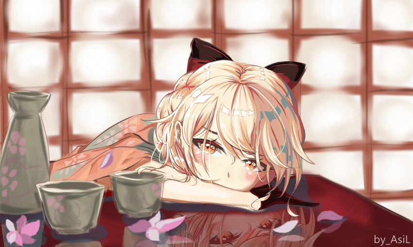 1girl absurdres alternate_costume arms_on_table artist_name asil black_gloves blonde_hair blush bow braid chinese_commentary chinese_text choker closed_mouth commentary_request cup eyebrows_visible_through_hair eyes_visible_through_hair floral_print flower from_side girls_frontline gloves hair_between_eyes hair_bow hair_ribbon half_gloves head_on_table highres indoors japanese_clothes long_hair looking_at_viewer ots-14_(girls_frontline) petals reflection ribbon smile solo table tearing_up very_long_hair wide_sleeves yellow_eyes