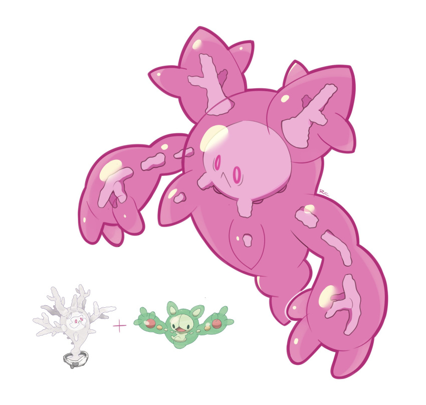 artsy-rc commentary cursola english_commentary full_body gen_4_pokemon gen_8_pokemon highres no_humans plus_sign pokemon pokemon_(creature) reuniclus signature simple_background solo white_background