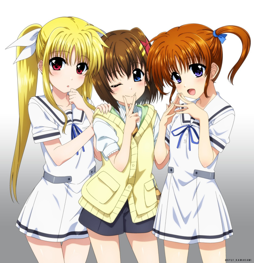 3girls blonde_hair blue_eyes blush breasts brown_hair closed_mouth collarbone eyebrows_visible_through_hair fate_testarossa hair_ornament hair_ribbon hairclip hand_on_another's_shoulder highres long_hair looking_at_viewer lyrical_nanoha mahou_shoujo_lyrical_nanoha mahou_shoujo_lyrical_nanoha_a's multiple_girls one_eye_closed open_mouth red_eyes ribbon school_uniform shiny shiny_hair short_hair simple_background small_breasts smile standing syu1 takamachi_nanoha twintails white_background yagami_hayate