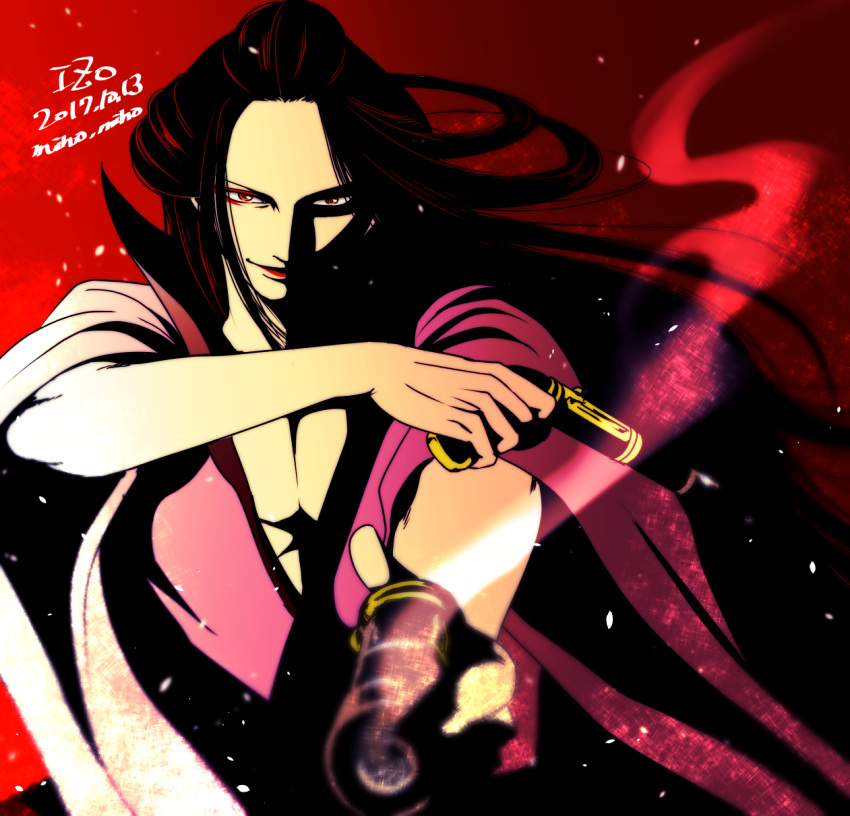 1boy artist_name black_hair character_name closed_mouth danbat_miho dated gun highres holding holding_gun holding_weapon izou_(one_piece) japanese_clothes kimono long_hair long_sleeves looking_at_viewer male_focus one_piece red_background red_eyes shade simple_background smile smoke solo upper_body weapon wide_sleeves