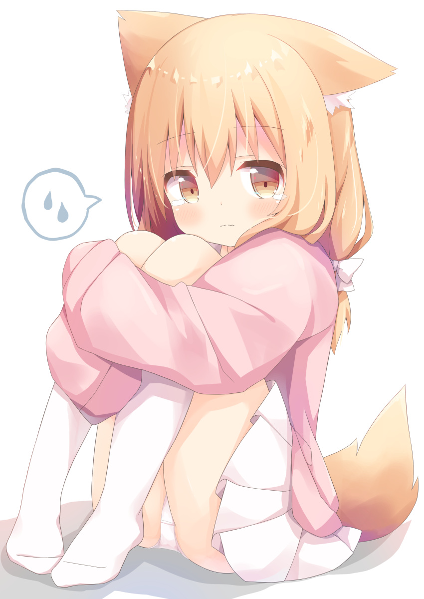 1girl absurdres animal_ear_fluff animal_ears bangs blush bow brown_eyes closed_mouth commentary_request eyebrows_visible_through_hair full_body hair_between_eyes hair_bow highres jacket kneehighs knees_up leg_hug light_brown_hair long_sleeves looking_at_viewer miike-chan nakkar no_shoes original panties pink_jacket pleated_skirt shadow sitting skirt sleeves_past_fingers sleeves_past_wrists solo spoken_sweatdrop sweatdrop tail tears underwear white_background white_bow white_legwear white_panties white_skirt
