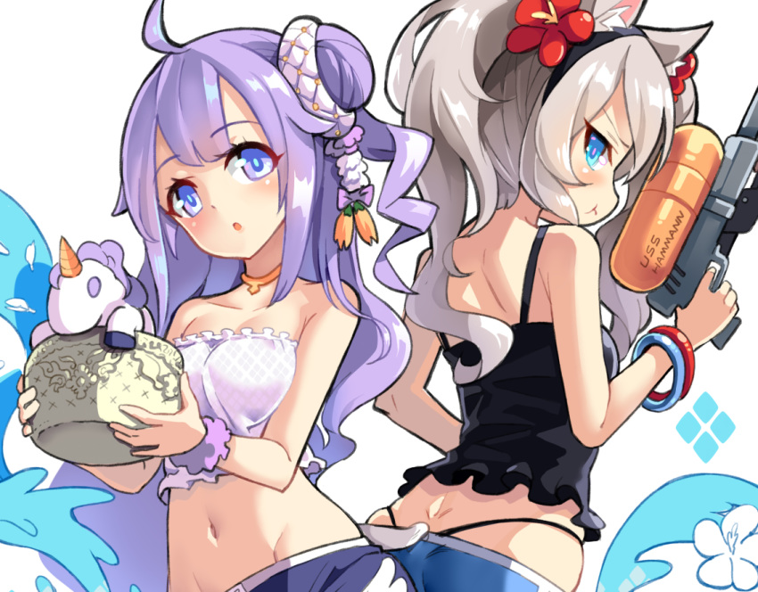 2girls :o ahoge animal_ears ass azur_lane bangle bare_shoulders basket black_panties black_shirt blue_eyes blue_shorts bracelet breasts cat_ears choker close-up closed_mouth collarbone commentary crop_top flower frills hair_bun hair_flower hair_ornament hairband hammann_(azur_lane) holding holding_basket holding_water_gun jewelry long_hair looking_at_viewer looking_back medium_breasts midriff multiple_girls navel one_side_up open_mouth panties parted_lips phandit_thirathon pout pouty_lips profile purple_hair purple_shirt purple_shorts scrunchie shirt short_shorts shorts side_bun silver_hair skindentation sleeveless sleeveless_shirt small_breasts spaghetti_strap stomach strapless strapless_shirt stuffed_alicorn stuffed_toy stuffed_unicorn thong underwear unicorn_(azur_lane) violet_eyes water water_gun