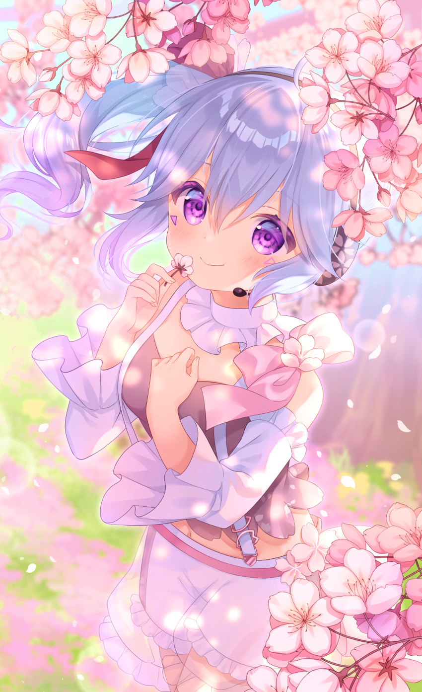 1girl bangs bare_shoulders blue_hair blurry blurry_background blush breasts closed_mouth commentary_request copyright_request depth_of_field detached_sleeves eyebrows_visible_through_hair flower frilled_shorts frills hair_between_eyes headphones highres holding holding_flower komachi_pochi long_sleeves navel petals pink_flower red_ribbon ribbon see-through short_shorts shorts side_ponytail small_breasts smile solo violet_eyes virtual_youtuber white_shorts white_sleeves