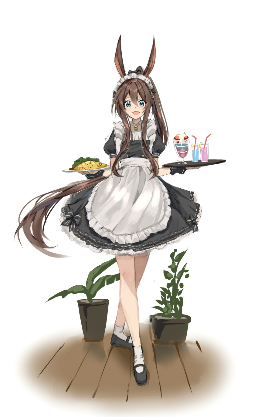 1girl absurdres alternate_costume amiya_(arknights) animal_ears apron arknights artist_name bangs black_dress blue_eyes brown_hair bunny_girl commentary crossed_legs dress drinking_straw english_commentary enmaided eyebrows_visible_through_hair flower_pot food glass hair_between_eyes highres holding holding_plate kuini loafers long_hair looking_at_viewer maid maid_headdress omurice open_mouth parfait plant plate ponytail rabbit_ears shoes short_hair sidelocks simple_background socks solo very_long_hair waist_apron watson_cross white_background white_legwear wooden_floor