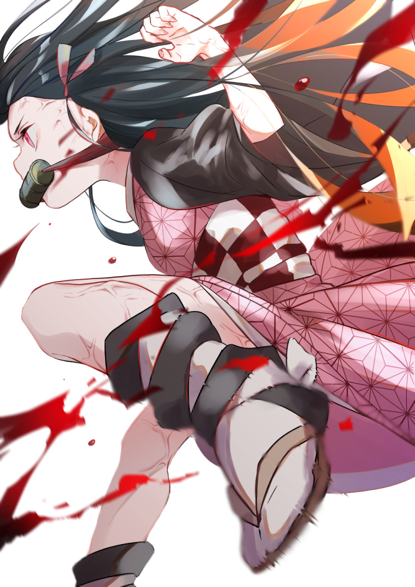 1girl anger_vein angry asa_no_ha_(pattern) bamboo bit_gag black_hair blood brown_jacket checkered_obi clenched_hand gag hair_ribbon hana_(h6n6_matsu) haori highres jacket japanese_clothes kamado_nezuko kicking kimetsu_no_yaiba kimono long_hair looking_to_the_side obi pink_kimono pink_ribbon profile ribbon sandals sash simple_background socks solo veins white_background white_legwear