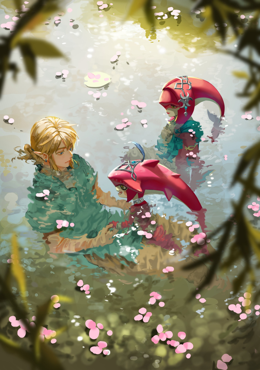 1girl 2boys absurdres blonde_hair blue_shirt branch cherry_blossoms crown earrings highres jewelry link mipha multiple_boys nuavic pointy_ears red_skin sharp_teeth shirt sidon swimming teeth the_legend_of_zelda the_legend_of_zelda:_breath_of_the_wild water zora