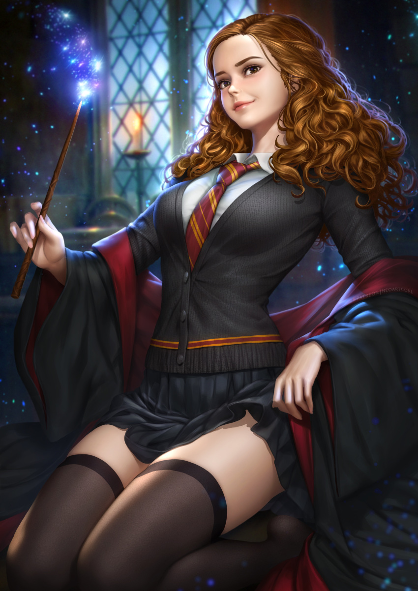 1girl absurdres alternate_legwear black_cardigan black_cloak black_legwear blurry blurry_background breasts brown_eyes brown_hair candle cardigan cloak dress_shirt glowing hair_strand harry_potter hermione_granger highres holding holding_wand large_breasts light_smile lips long_hair looking_at_viewer magic necktie nudtawut_thongmai red_stripes school_uniform seiza shirt signature sitting skirt skirt_lift smile solo sparkle striped striped_neckwear sweater thigh-highs thighs wand wariza wavy_hair white_shirt window yellow_stripe