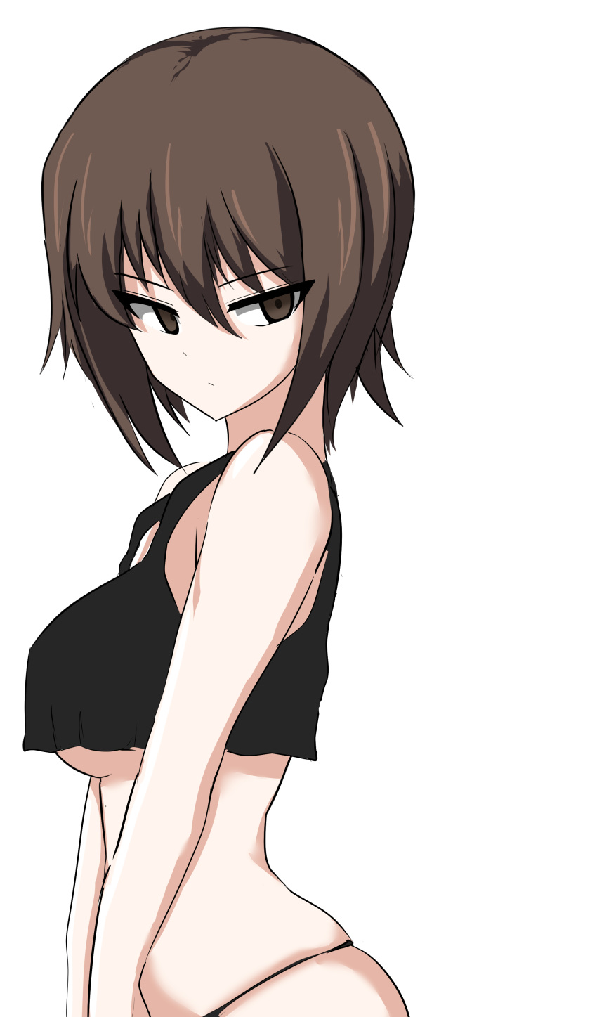1girl absurdres aikir_(jml5160) bangs black_panties black_shirt breasts brown_eyes brown_hair closed_mouth commentary crop_top from_side girls_und_panzer half-closed_eyes highres light_frown looking_at_viewer medium_hair nishizumi_maho panties shirt short_hair simple_background skindentation solo standing tank_top under_boob underwear underwear_only upper_body white_background