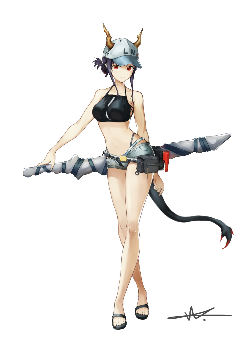 1girl absurdres arknights arm_behind_back bare_arms bare_legs bare_shoulders baseball_cap bikini black_bikini black_footwear blue_hair breasts ch'en_(arknights) commentary crossed_legs dragon_horns dragon_tail full_body grey_shorts halterneck hat highleg highleg_bikini highres horns long_hair looking_at_viewer medium_breasts navel pouch red_eyes sandals short_shorts shorts shuni_valentine sidelocks simple_background smile solo standing stomach swimsuit tail thighs watson_cross white_background