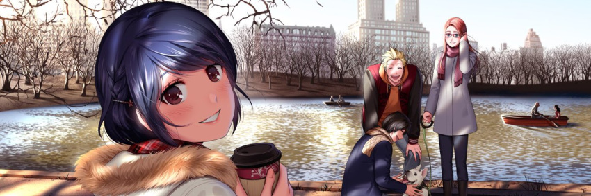 1girl bad_link bangs bench blue_hair blush bob_cut braid brown_eyes building coat coffee_cup cup disposable_cup domestic_na_kanojo drink french_braid from_behind fur-trimmed_coat fur_trim hair_ornament hair_strand hairclip holding holding_cup holding_drink hood hood_down looking_at_viewer looking_back official_art park parted_bangs plaid plaid_scarf sasuga_kei scarf short_hair smile tachibana_rui translated tree two-handed upper_body white_coat