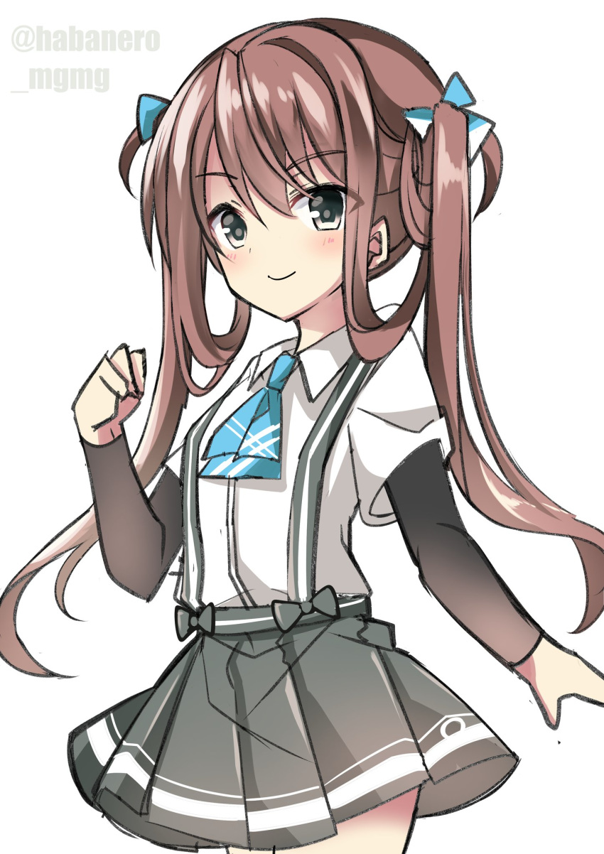 1girl arm_warmers asagumo_(kantai_collection) ascot blue_neckwear brown_hair cowboy_shot fathom grey_eyes grey_skirt hair_ribbon highres kantai_collection long_hair pleated_skirt ribbon shirt short_sleeves simple_background skirt solo suspender_skirt suspenders twintails twitter_username white_background white_shirt