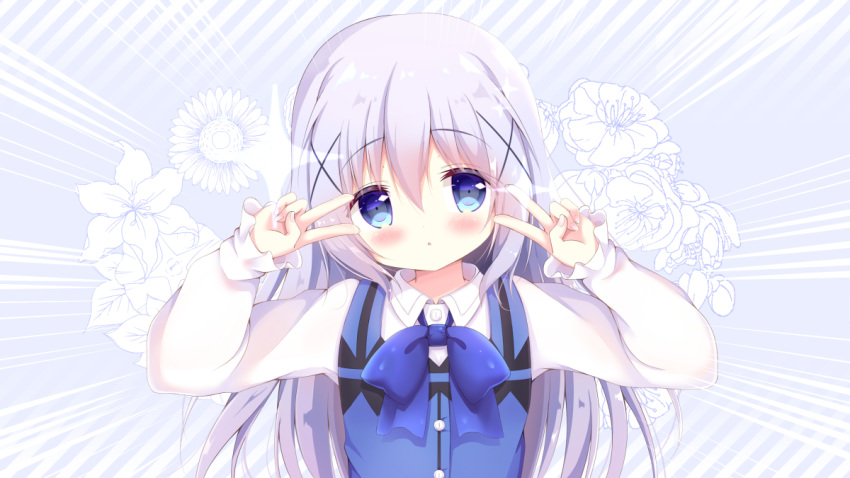 1girl :o bangs blue_background blue_bow blue_eyes blue_hair blue_vest blush bow collared_shirt commentary_request diagonal_stripes double_v dress_shirt emotional_engine_-_full_drive emphasis_lines eyebrows_visible_through_hair fate/grand_order fate_(series) floral_background gochuumon_wa_usagi_desu_ka? hair_between_eyes hair_ornament hands_up kafuu_chino kittipat_jituatakul long_hair long_sleeves looking_at_viewer parted_lips rabbit_house_uniform shirt sleeves_past_wrists solo striped striped_background uniform v very_long_hair vest waitress white_shirt x_hair_ornament