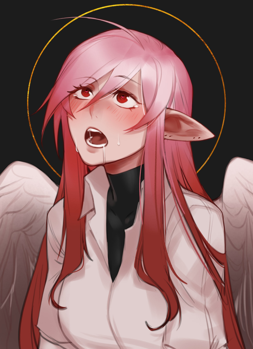 1girl :o absurdres ahoge angel_wings bangs black_background black_bodysuit blush bodysuit commentary drooling english_commentary eyebrows_visible_through_hair hair_between_eyes heart heart_in_eye highres less long_hair looking_away looking_up original pointy_ears red_eyes redhead saliva shirt sidelocks simple_background solo symbol_in_eye upper_body white_shirt wings