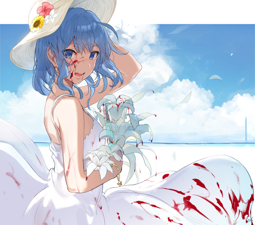 1girl blood blood_on_face blood_on_flower bloody_clothes blue_eyes blue_hair blue_sky bouquet breasts clouds dress empty_eyes flower hat hews_hack highres hololive horizon hoshimachi_suisei sky sleeveless sleeveless_dress solo suisei_channel sun_hat sundress virtual_youtuber