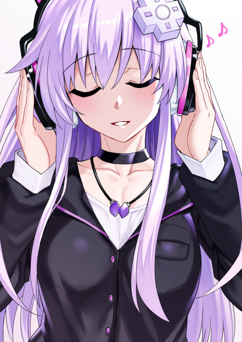 1girl absurdres black_blouse black_legwear blouse blush choker closed_eyes collarbone d-pad d-pad_hair_ornament eyebrows_visible_through_hair hair_between_eyes hair_ornament headphones highres jewelry listening_to_music long_hair long_sleeves musical_note nepgear neptune_(series) nyamota pendant purple_hair shirt simple_background smile solo upper_body violet_eyes white_background white_shirt