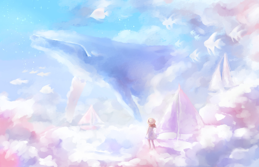 1girl absurdres animal ashleyloob blue_sky boat clouds day dress fish flying_whale hat highres original pastel_colors sail sailboat scenery sky star_(sky) sun_hat surreal watercraft whale white_dress