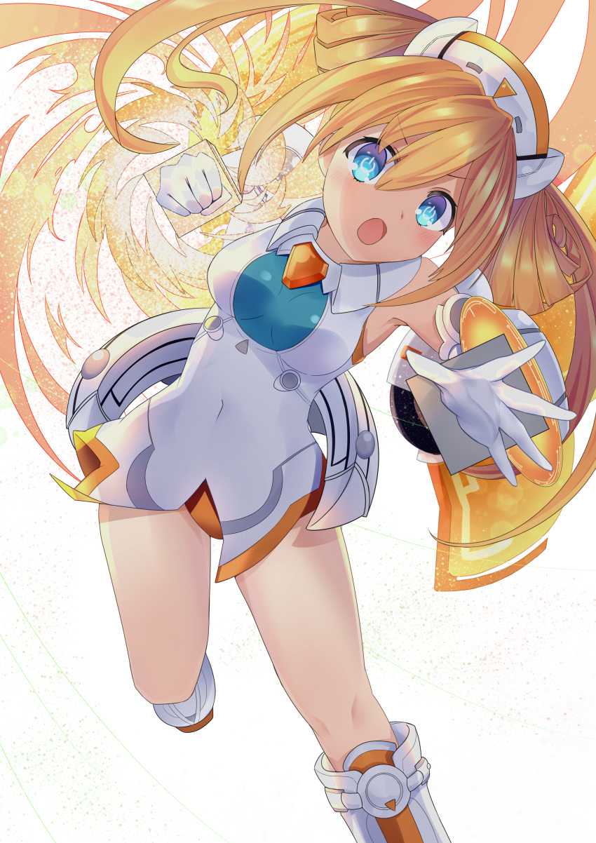 1girl absurdres bangs blue_eyes bodysuit boots breasts clenched_hand commentary_request eyebrows_visible_through_hair gloves hair_between_eyes headgear highres long_hair looking_at_viewer mechanical_wings medium_breasts naoya12580118 navel neptune_(series) open_mouth orange_hair orange_heart power_symbol punching_at_viewer sidelocks simple_background sleeveless_bodysuit solo symbol-shaped_pupils twintails v-shaped_eyebrows white_background white_bodysuit white_gloves wings