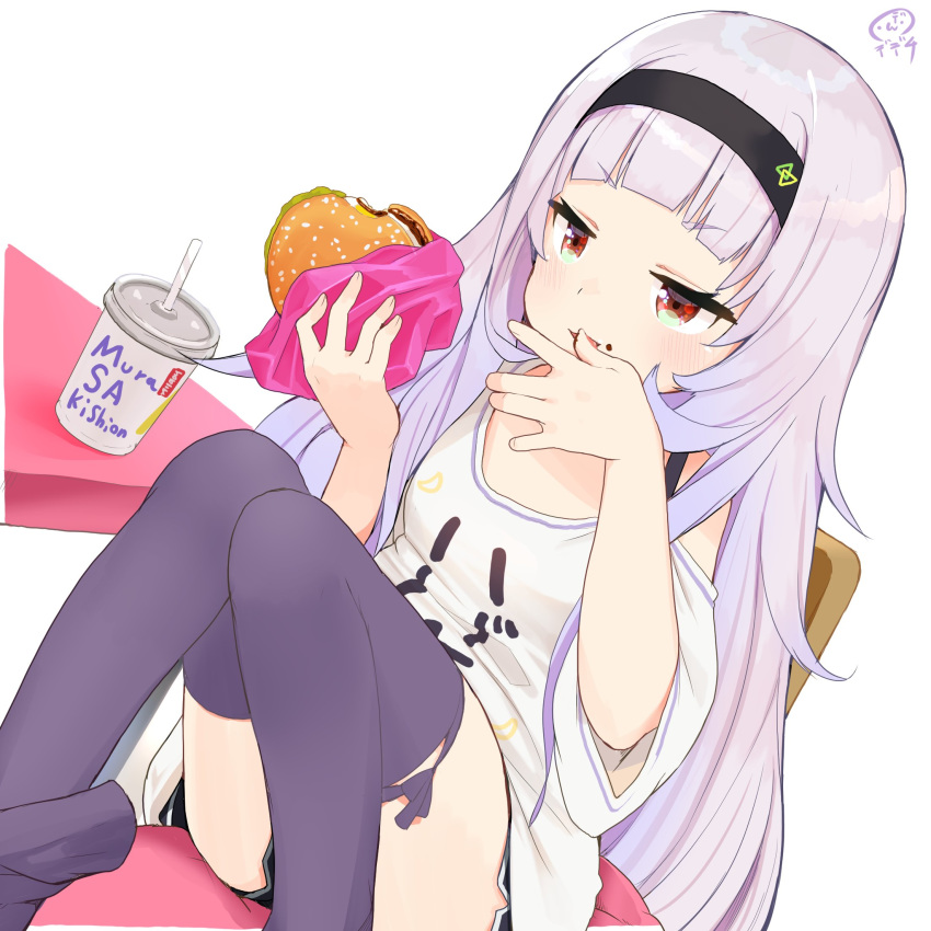 1girl bangs black_shorts blush character_name cup disposable_cup drink feet_out_of_frame food hairband hamburger highres holding holding_food hololive long_hair murasaki_shion nejime open_mouth purple_legwear shirt shorts signature silver_hair simple_background solo t-shirt thigh-highs thighs virtual_youtuber white_background white_shirt