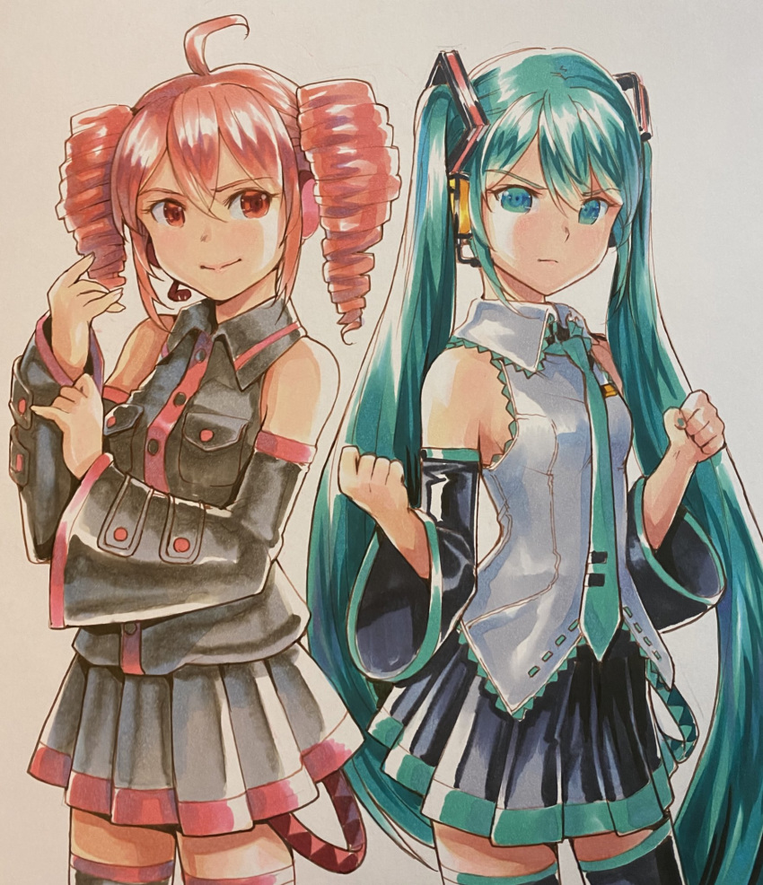 2girls adjusting_clothes aqua_eyes aqua_hair aqua_nails aqua_neckwear bare_shoulders black_legwear black_shirt black_skirt black_sleeves clenched_hands commentary cowboy_shot detached_sleeves drill_hair frown grey_shirt hair_ornament hand_up hatsune_miku headphones headset highres kasane_teto long_hair looking_at_viewer mayo_riyo miniskirt multiple_girls nail_polish necktie pleated_skirt red_eyes redhead shirt skirt sleeveless sleeveless_shirt smile thigh-highs traditional_media twin_drills twintails utau v-shaped_eyebrows very_long_hair vocaloid zettai_ryouiki