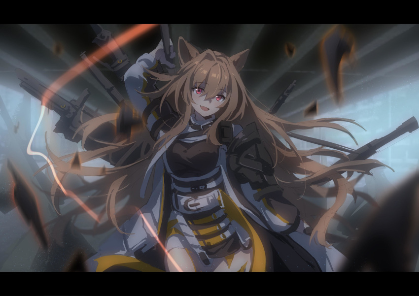 1girl :d absurdres animal_ears arknights arm_up bangs breasts ceobe_(arknights) chinese_commentary commentary_request cowboy_shot dog_ears dress eyebrows_visible_through_hair fang floating_hair hair_between_eyes highres holding holding_weapon jacket kagura_tohru letterboxed long_hair long_sleeves looking_at_viewer multicolored multicolored_clothes multicolored_jacket multiple_straps multiple_weapons open_clothes open_jacket open_mouth red_eyes shoulder_guard sidelocks smile solo staff standing very_long_hair weapon white_jacket