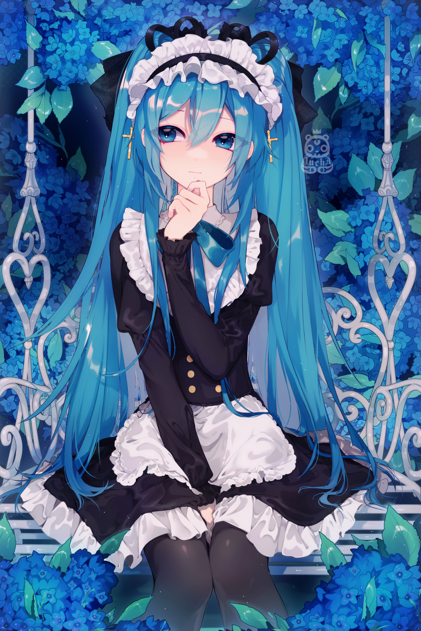 1girl absurdres apron bench between_legs black_dress blue_eyes blue_flower blue_hair blue_theme commentary cowboy_shot cross_hair_ornament dress english_commentary flower frilled_headband frilled_skirt frills hair_ornament half-closed_eyes hand_between_legs hand_on_own_chin hatsune_miku highres huge_filesize hydrangea leaf long_sleeves looking_to_the_side maid maid_headdress making-of_available oncha pantyhose sitting skirt solo vocaloid