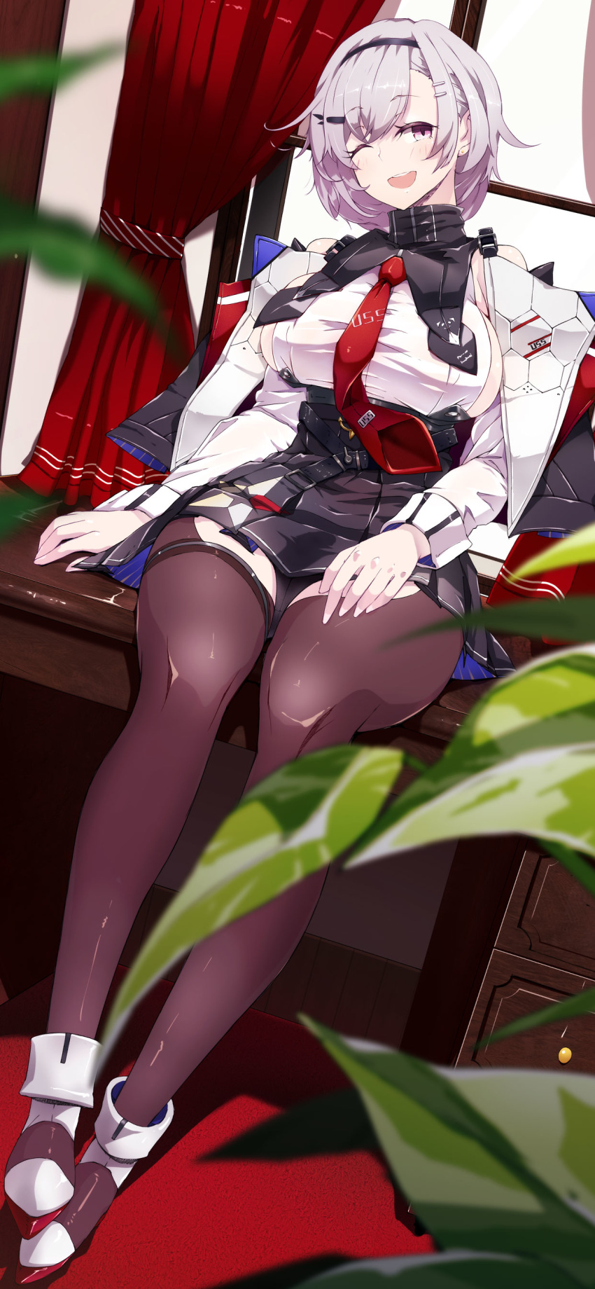 1girl absurdres azur_lane bangs bare_shoulders black_collar black_hairband black_skirt breasts brown_legwear collar commentary_request detached_collar detached_sleeves eyebrows_visible_through_hair grey_hair hair_ornament hairband hairclip head_tilt highres indoors kasuteru large_breasts looking_at_viewer necktie on_table one_eye_closed open_mouth red_neckwear reno_(azur_lane) short_hair sideboob simple_background skirt smile solo table thighs violet_eyes window