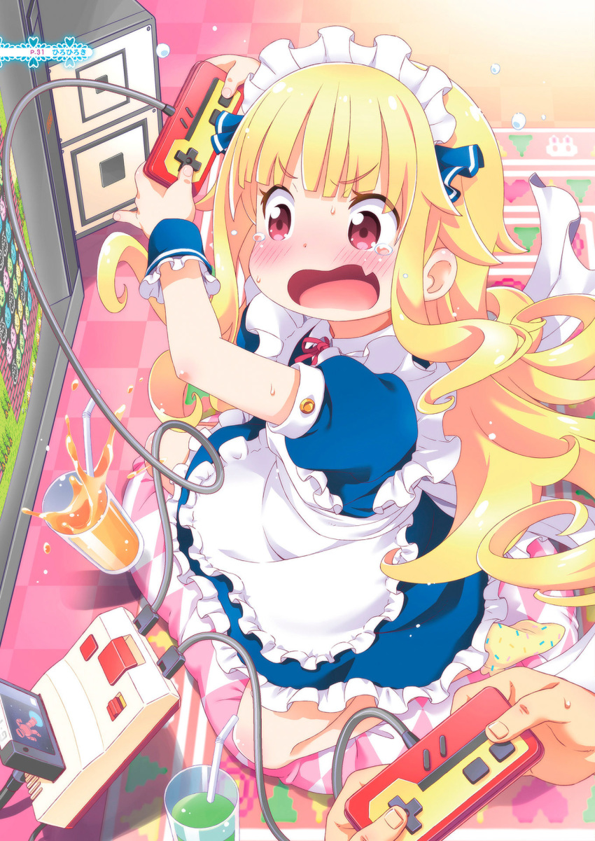 1boy 1girl apron arms_up bangs bendy_straw blonde_hair blue_dress blush checkered checkered_floor controller cup cushion dress drink drinking_glass drinking_straw eyebrows_visible_through_hair fang frilled_apron frilled_dress frills game_console game_controller highres hiro_hiroki holding indoors long_hair looking_away maid maid_apron maid_headdress no_shoes open_mouth original out_of_frame print_legwear puffy_short_sleeves puffy_sleeves red_eyes short_sleeves socks solo_focus spilling tears v-shaped_eyebrows very_long_hair wavy_mouth white_apron yellow_legwear zabuton