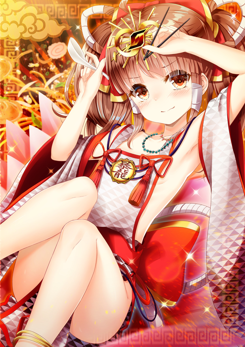 1girl akine_(kuroyuri) anklet apron armpits arms_up bangs bare_shoulders bead_necklace beads blush bow breasts brown_hair chinese_spoon chopsticks clouds collarbone detached_sleeves eyebrows_visible_through_hair food hair_over_eyes hair_tubes highres holding holding_chopsticks holding_spoon jewelry kamaboko looking_at_viewer magatama_necklace naked_apron narutomaki necklace no_bra no_panties noodles ramen sideboob sitting small_breasts solo sound_voltex spoon tagme yamashina_kanade