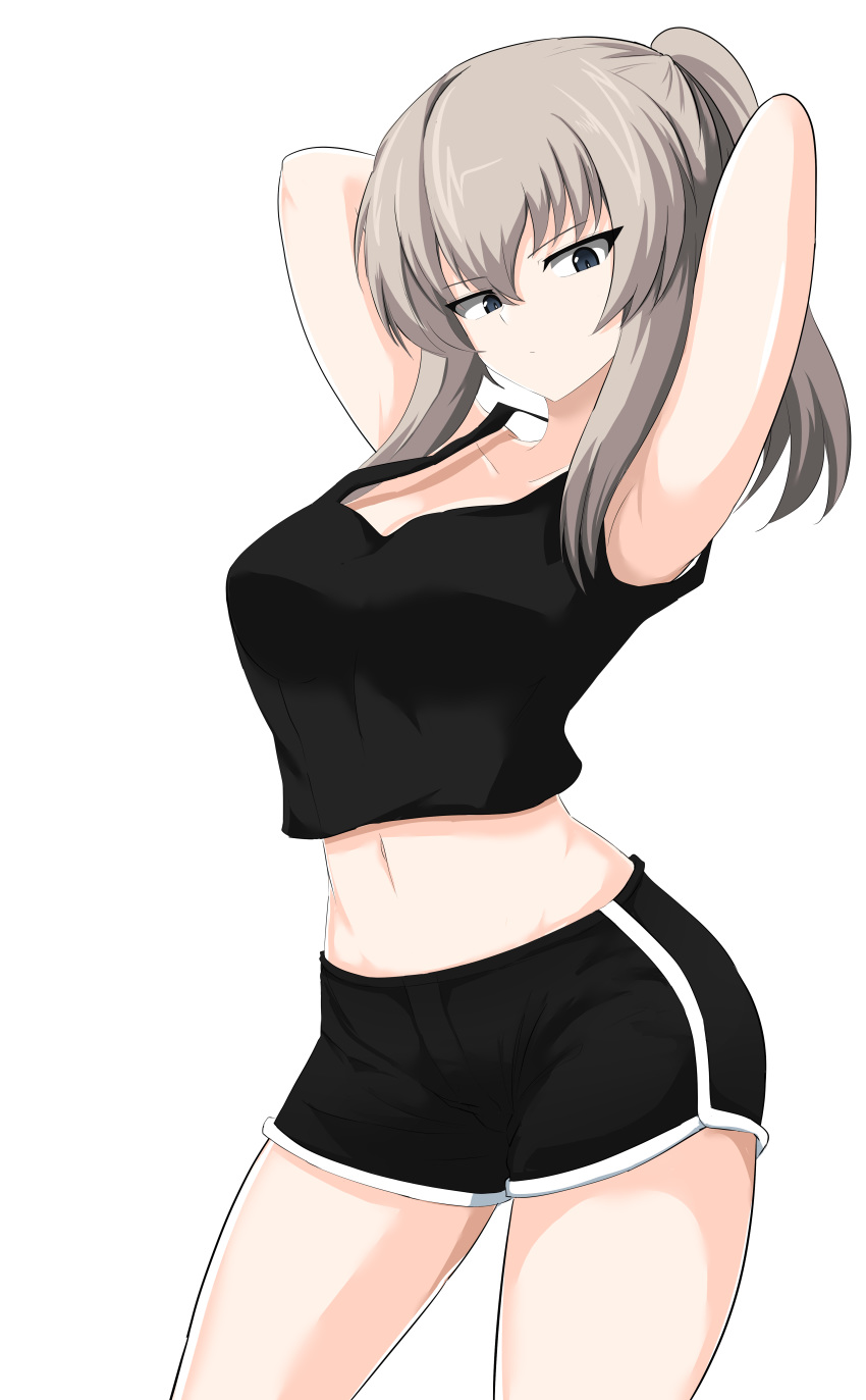 1girl absurdres aikir_(jml5160) alternate_hairstyle armpits arms_behind_head arms_up bangs black_shirt black_shorts blue_eyes casual closed_mouth commentary cowboy_shot eyebrows_visible_through_hair girls_und_panzer gym_shorts hair_up half-closed_eyes highres itsumi_erika light_frown looking_at_viewer medium_hair midriff navel ponytail shirt short_shorts shorts silver_hair simple_background solo standing tank_top white_background