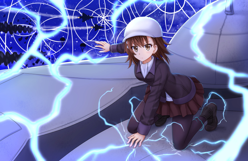 1girl aircraft airplane black_footwear black_jacket black_legwear blush boots brown_eyes brown_hair brown_skirt closed_mouth commission electricity fighter_jet fur_hat hat highres jacket jet kazenokaze kneeling long_sleeves military military_vehicle misaka_mikoto night night_sky outdoors pantyhose parachute pleated_skirt shirt silhouette skirt sky solo star_(sky) starry_sky to_aru_majutsu_no_index v-shaped_eyebrows white_headwear white_shirt