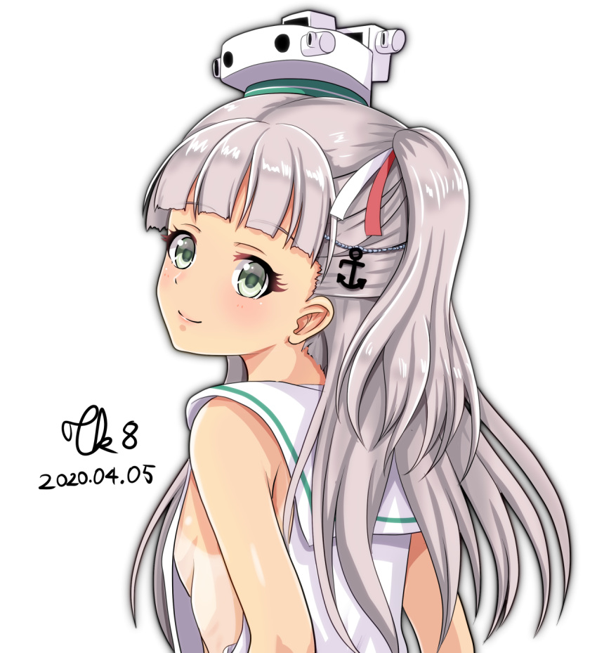 1girl anchor_hair_ornament artist_name bangs blunt_bangs breasts commentary_request dated dress green_eyes hair_ornament highres kantai_collection long_hair looking_at_viewer low-cut_armhole maestrale_(kantai_collection) one_side_up sailor_collar sailor_dress sideboob signature silver_hair simple_background sleeveless sleeveless_dress small_breasts solo tan tanline tk8d32 upper_body white_background white_dress