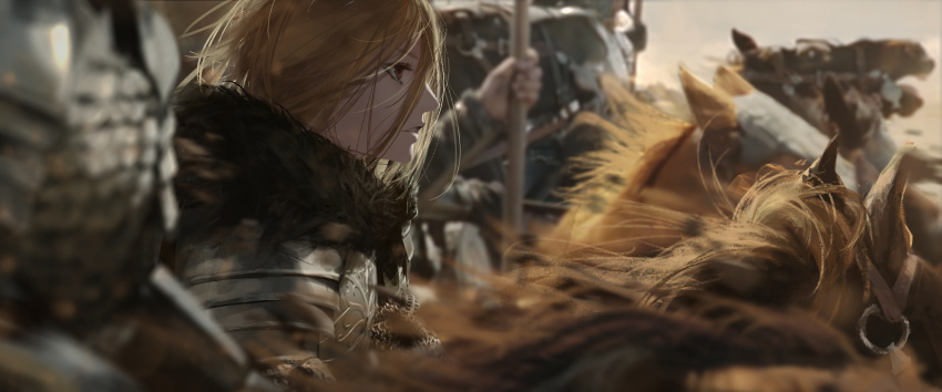 1girl absurdres androgynous armor blurry brown_hair depth_of_field from_side highres holding horse horseback_riding looking_away messy_hair original out_of_frame pauldrons pole profile riding solo_focus tacshojosora wind