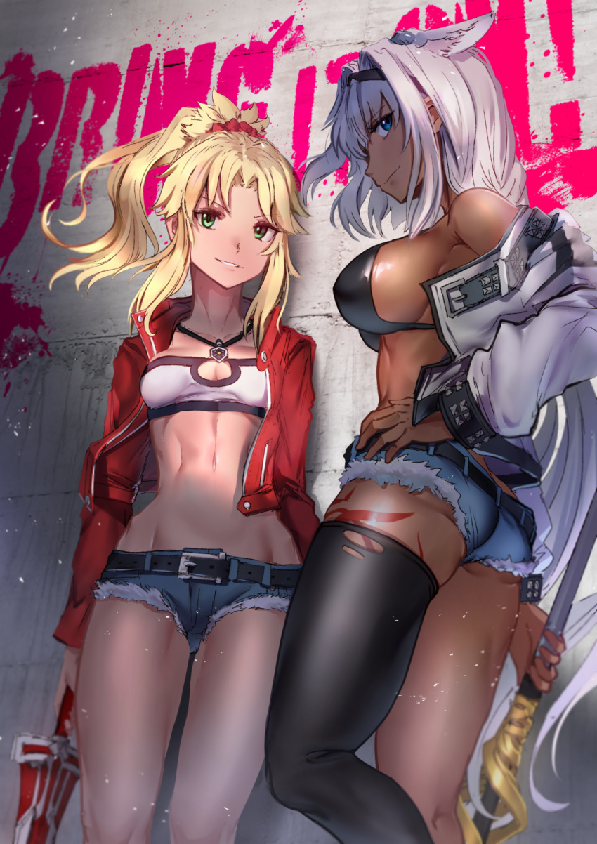 2girls ass bandeau bangs belt bikini black_bikini blonde_hair blue_shorts body_markings braid breasts caenis_(fate) clarent closed_mouth collarbone cutoffs dark_skin denim denim_shorts fate/apocrypha fate/grand_order fate_(series) french_braid green_eyes hair_intakes hair_ornament hair_scrunchie hairband highres jacket jewelry large_breasts long_hair looking_at_viewer micro_shorts mordred_(fate) mordred_(fate)_(all) multiple_girls nakasaku-p navel necklace open_clothes open_jacket parted_lips polearm ponytail red_jacket red_scrunchie scrunchie short_shorts shorts sidelocks small-clawed_otter_(kemono_friends) smile spear swimsuit sword tattoo thighs very_long_hair weapon white_hair white_jacket