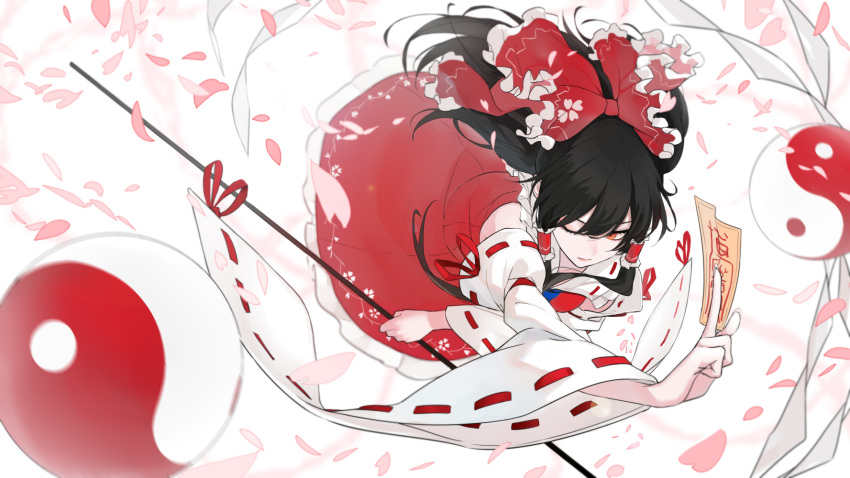 1girl bangs bare_shoulders black_hair blue_neckwear bow cherry_blossoms collared_shirt detached_sleeves fighting_stance floating_hair floral_print frilled_bow frilled_shirt_collar frilled_skirt frills gohei hair_bow hair_tubes hakurei_reimu hidden_star_in_four_seasons highres long_hair ofuda one_eye_closed petals red_bow red_eyes red_shirt red_skirt ribbon-trimmed_sleeves ribbon_trim shirt skirt sleeveless sleeveless_shirt touhou wide_sleeves xianjian_lingluan yin_yang