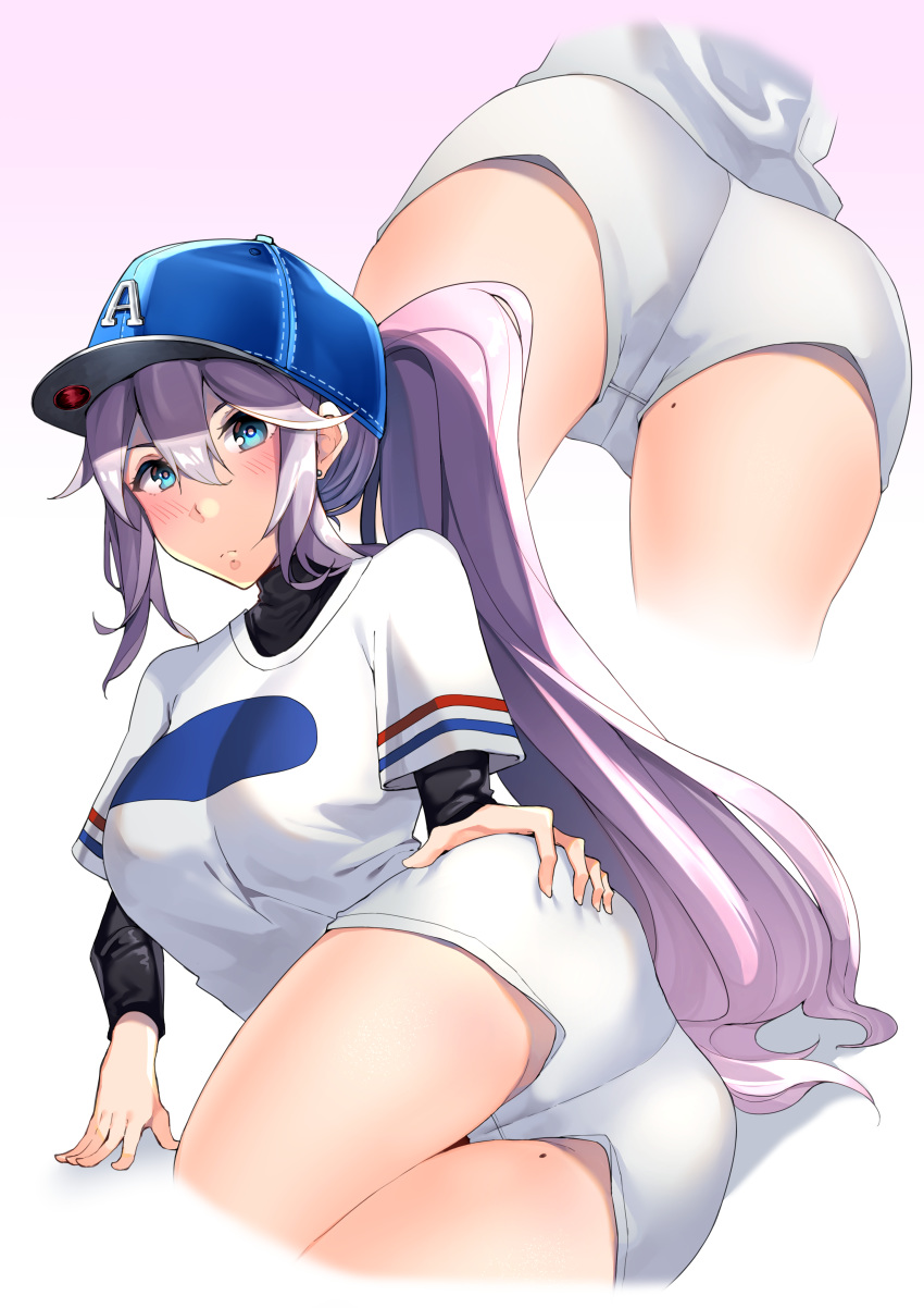 1girl absurdres arm_support azur_lane baseball_cap baseball_uniform blue_eyes bodysuit_under_clothes commentary_request esencey from_behind from_below gradient gradient_background hair_between_eyes hair_through_headwear hand_on_own_ass hat highres intrepid_(azur_lane) intrepid_(one_intrepid_pitch)_(azur_lane) long_hair looking_at_viewer mole mole_on_thigh multiple_views shorts sportswear thighs very_long_hair violet_eyes white_shorts