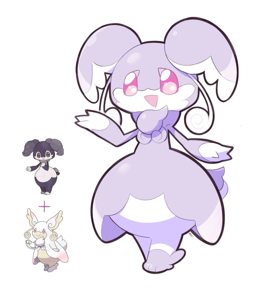 :d artsy-rc audino full_body fusion gen_5_pokemon gen_8_pokemon highres indeedee indeedee_(female) looking_at_viewer mega_audino no_humans open_mouth plus_sign pokemon pokemon_(creature) signature simple_background smile solo white_background