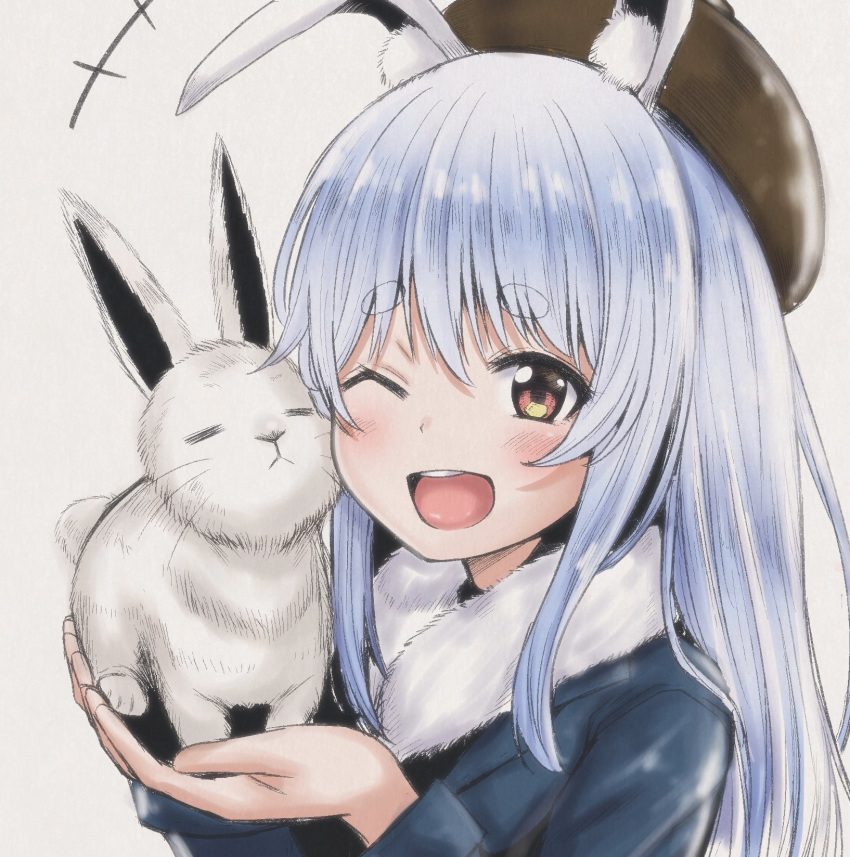 1girl alternate_costume alternate_hairstyle animal_ear_fluff animal_ears bangs beret blue_coat blue_hair blush brown_headwear bunny_girl bunny_tail coat eyebrows_visible_through_hair fur-trimmed_coat fur_trim hat highres hololive long_hair long_sleeves looking_at_viewer mamerakkkkko one_eye_closed open_mouth rabbit rabbit_ears solo tail thick_eyebrows tongue upper_body usada_pekora virtual_youtuber white_background