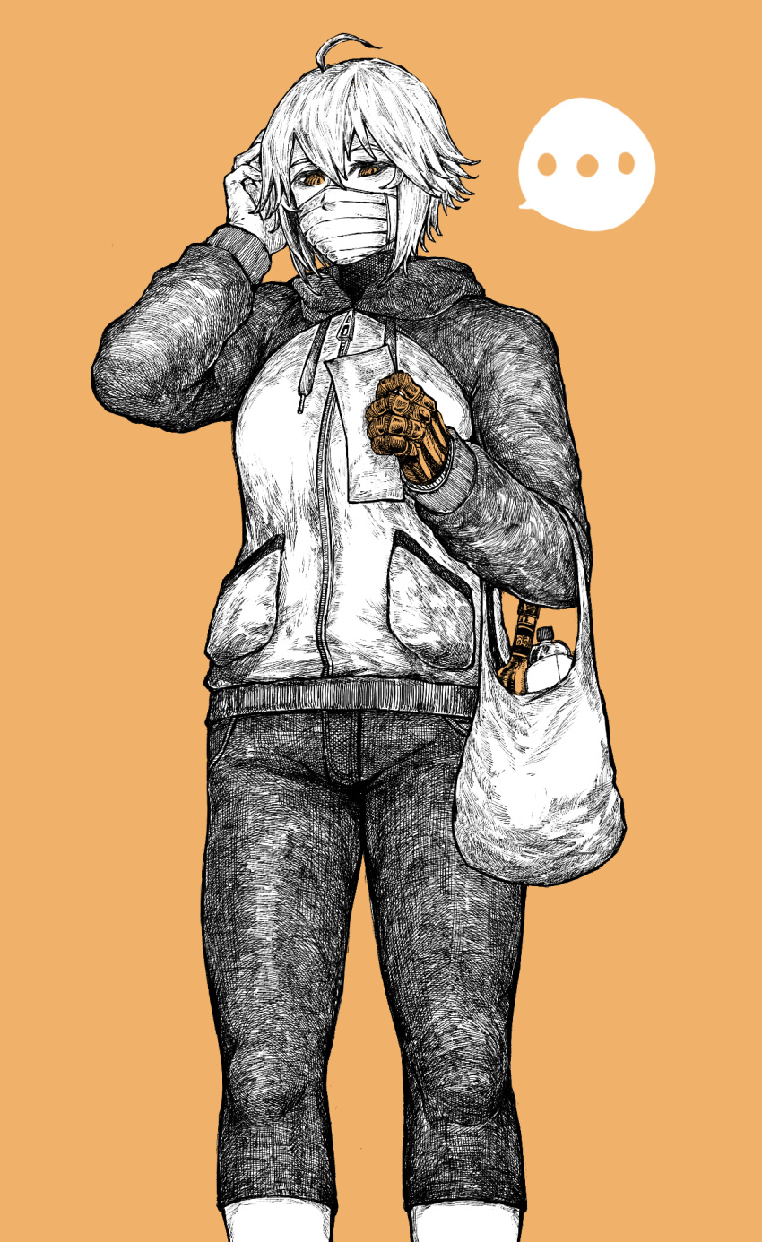 ... 1girl ahoge bag bottle capri_pants casual commentary dana_zane english_commentary highres hood hood_down hoodie mask mechanical_hand monochrome mouth_mask mugo_(mugokii) orange_background orange_hair pants prosthesis prosthetic_hand reading shopping_bag short_hair solo speech_bubble spoken_ellipsis spot_color va-11_hall-a