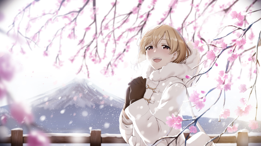 1girl aiba_yumi bangs blonde_hair blush brown_eyes brown_gloves brown_hair casino_(casinoep) cherry_blossoms commentary_request eyebrows_visible_through_hair fur_trim gloves highres idolmaster idolmaster_cinderella_girls jacket looking_at_viewer open_mouth outdoors short_hair smile solo upper_body upper_teeth white_bag white_jacket winter_clothes